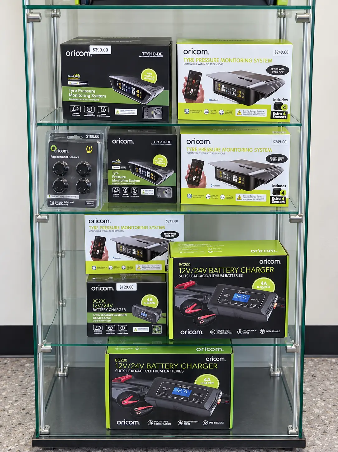 Display cabinet at Tyreplus Kununurra stocked with Oricom TPMS systems, replacement sensors and battery chargers