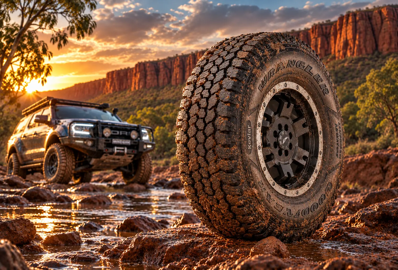 GOODYEAR Wrangler All-Terrain tyre with a 4WD crossing a rocky Kimberley creek