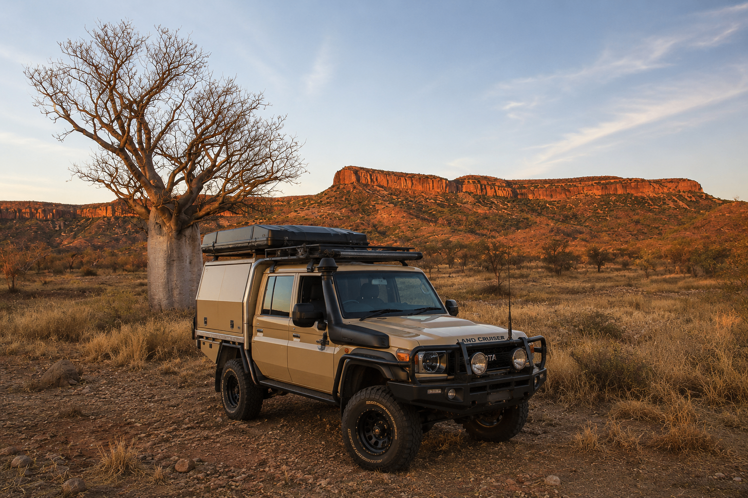 Toyota LandCruiser parked beside a boab tree with the Kimberley escarpment at sunset