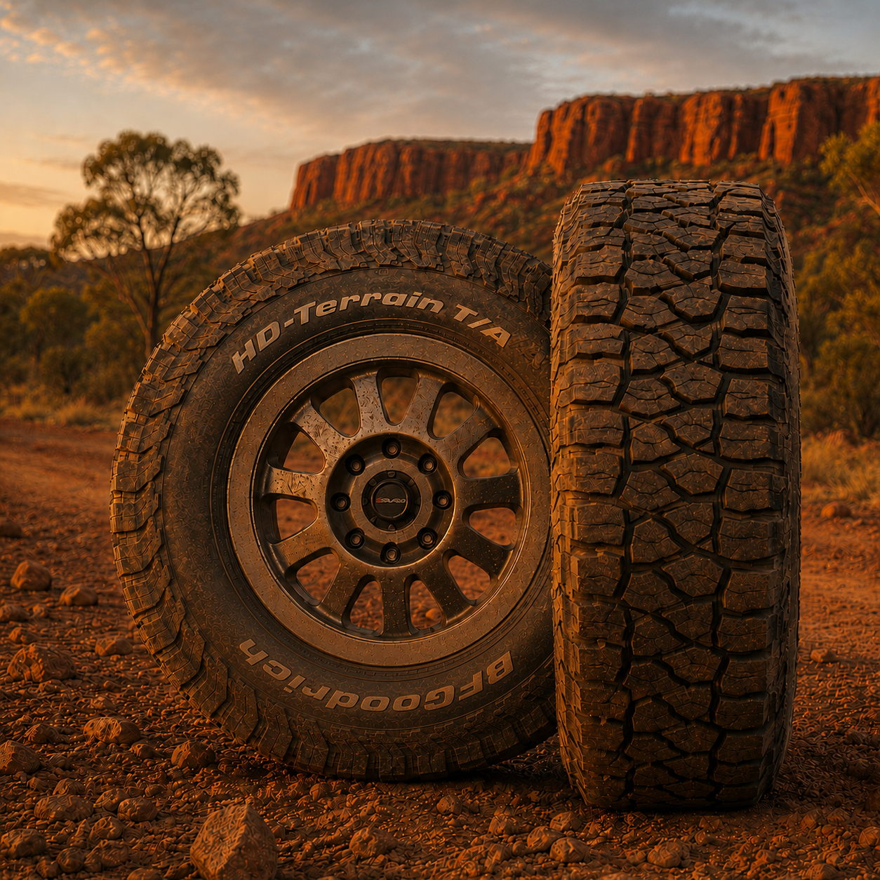BFGoodrich HD Terrain tyre featured against the Kimberley ranges