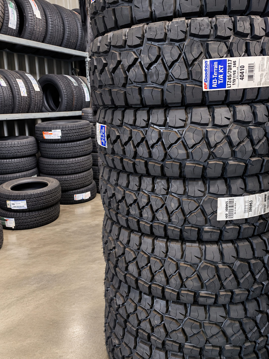 Stacks of new BFGoodrich all-terrain tyres in the Tyreplus Kununurra shop