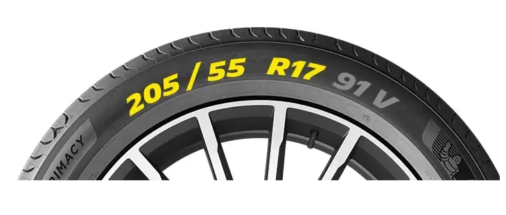 Tyre sidewall showing the size 205/55 R17 91V