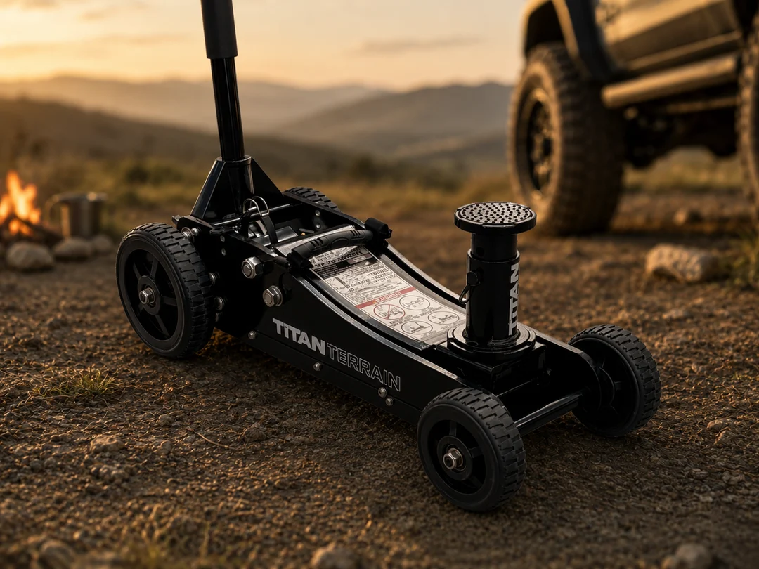The Titan Terrain Jack — black 3 tonne rugged hydraulic trolley floor jack at a camp site