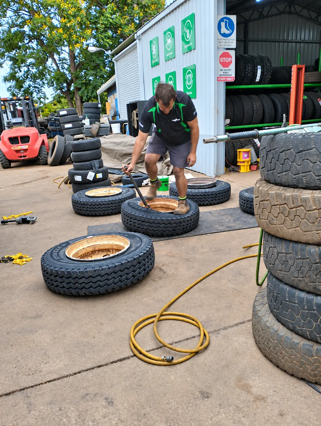 Truck tyres — fitting in the yard