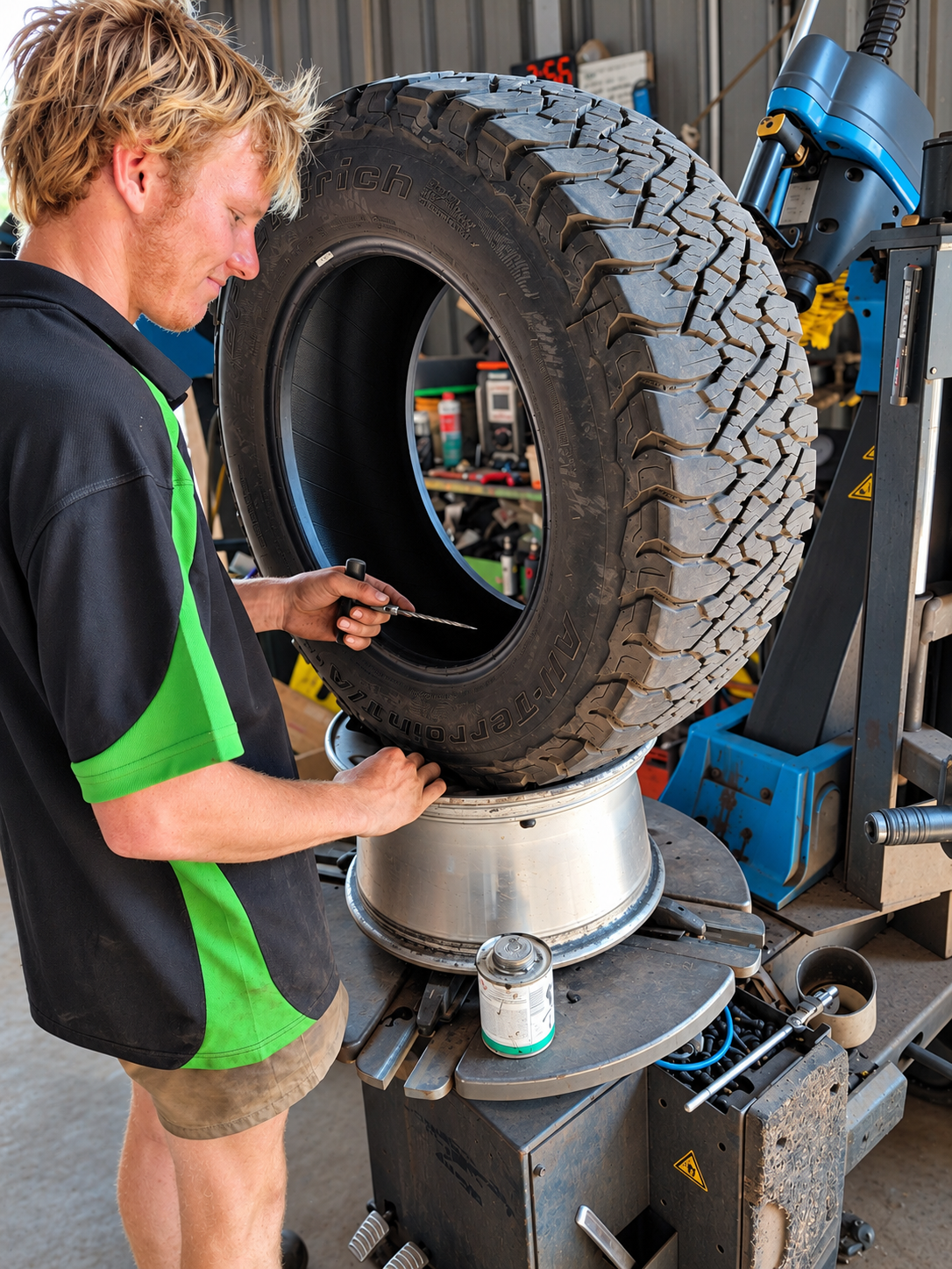 Team member fitting a BFGoodrich tyre in the Kununurra workshop