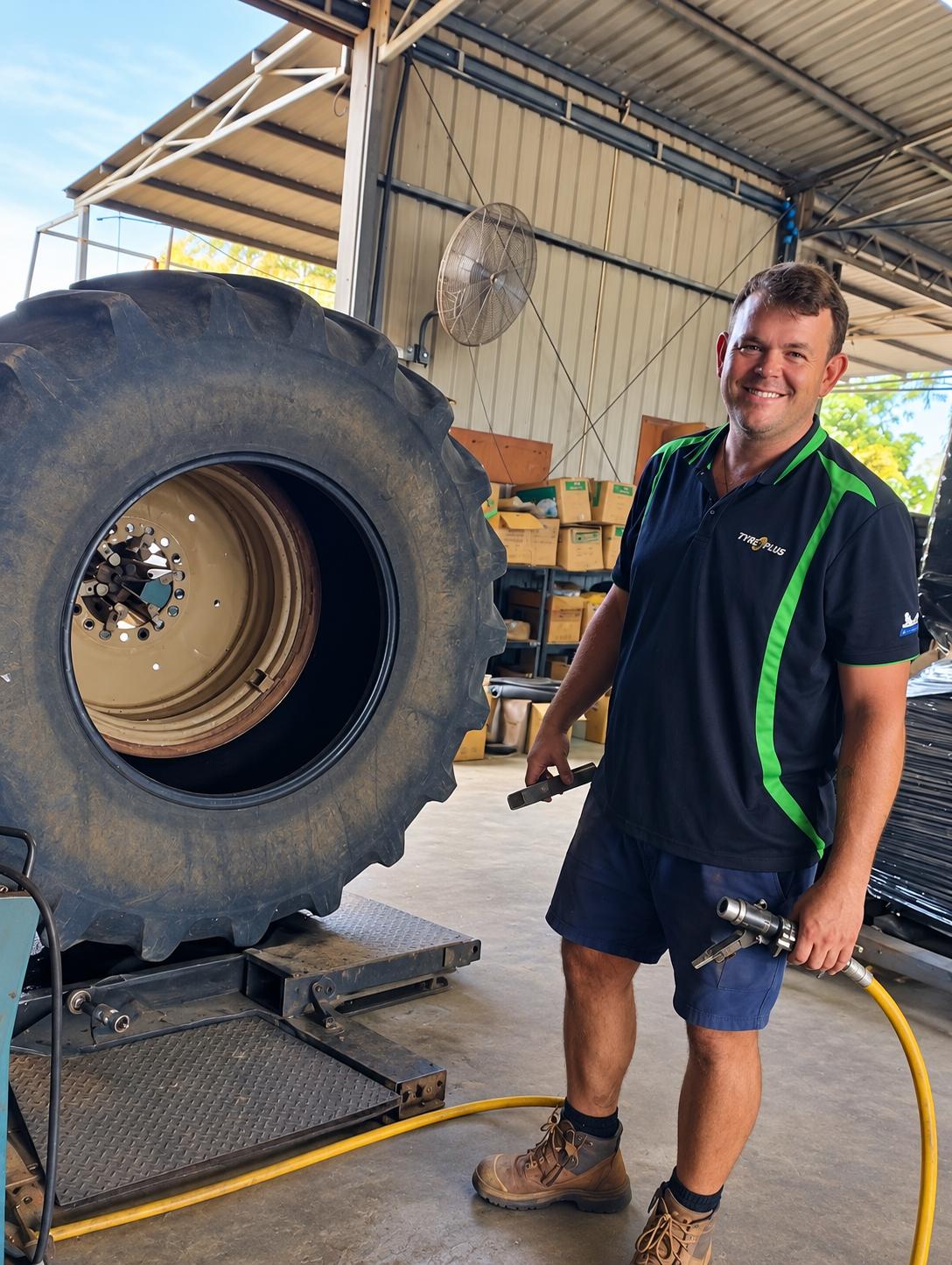 Team member beside a large agricultural tractor tyre
